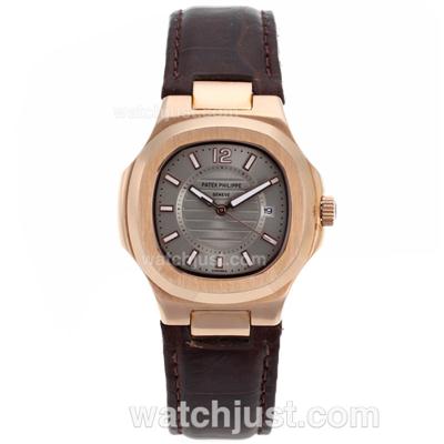 Patek Philippe Nautilus Rose Gold Case with Gray Dial-Leather Strap