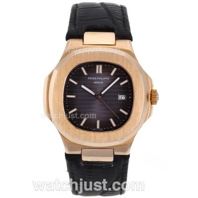Patek Philippe Nautilus Rose Gold Case with Purple Dial-Leather Strap