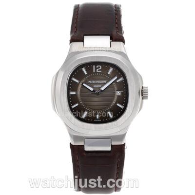 Patek Philippe Nautilus Stick Markers with Gray Dial-Leather Strap