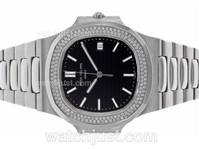 Patek Philippe Nautilus Swiss ETA 2836 Movement Diamond Bezel with Black Dial S/S