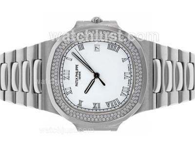 Patek Philippe Nautilus Swiss ETA 2836 Movement Diamond Bezel with White Dial S/S