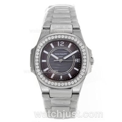 Patek Philippe Nautilus Swiss ETA Movement Diamond Brezl Stick Markers with Gray Dial S/S-Sapphire Glass