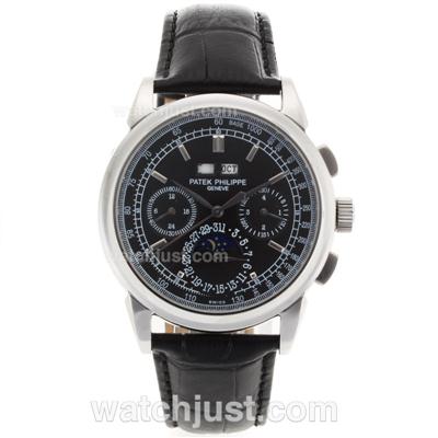 Patek Philippe Perpetual Calendar Automatic Black Dial with Leather Strap-18K Plated Gold Movement