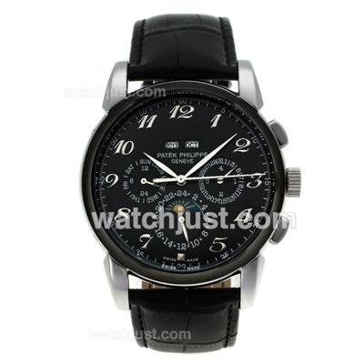 Patek Philippe Perpetual Calendar Automatic Number Markers with Black Dial-Leather Strap