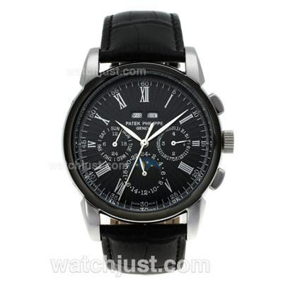 Patek Philippe Perpetual Calendar Automatic Roman Markers with Black Dial-Leather Strap