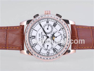 Patek Philippe Perpetual Calendar Automatic Rose Gold Case CZ Diamond Bezel with White Dial