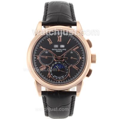 Patek Philippe Perpetual Calendar Automatic Rose Gold Case Roman Markers with Black Dial-18K Plated Gold Movement