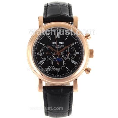 Patek Philippe Perpetual Calendar Automatic Rose Gold Case Roman Markers with Black Dial-Black Leather Strap