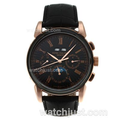 Patek Philippe Perpetual Calendar Automatic Rose Gold Case Roman Markers with Black Dial-Leather Strap