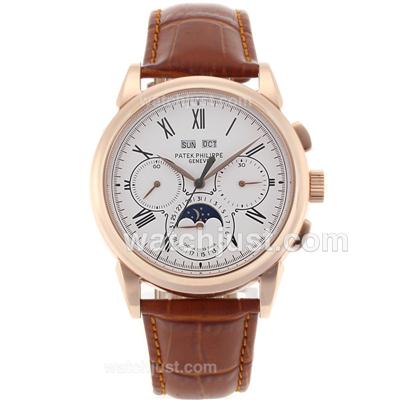 Patek Philippe Perpetual Calendar Automatic Rose Gold Case Roman Markers with White Dial-18K Plated Gold Movement