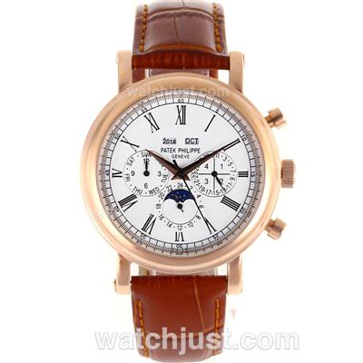 Patek Philippe Perpetual Calendar Automatic Rose Gold Case Roman Markers with White Dial-Brown Leather Strap