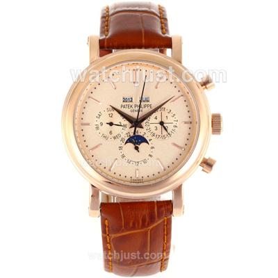 Patek Philippe Perpetual Calendar Automatic Rose Gold Case Stick Markers with Champagne Dial-Brown Leather Strap