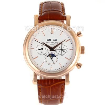 Patek Philippe Perpetual Calendar Automatic Rose Gold Case Stick Markers with White Dial-Brown Leather Strap