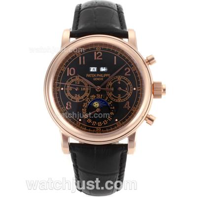 Patek Philippe Perpetual Calendar Automatic Rose Gold Case with Black Dial-18K Plated Gold Movement