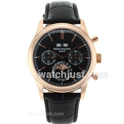 Patek Philippe Perpetual Calendar Automatic Rose Gold Case with Black Dial-Leather Strap