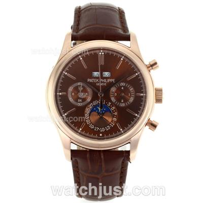 Patek Philippe Perpetual Calendar Automatic Rose Gold Case with Brown Dial-Leather Strap