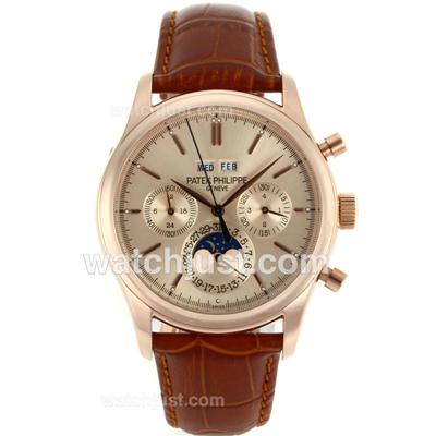 Patek Philippe Perpetual Calendar Automatic Rose Gold Case with Champagne Dial-Leather Strap