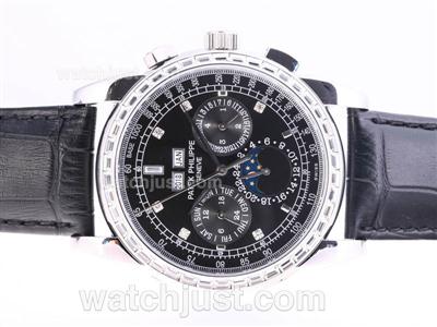 Patek Philippe Perpetual Calendar Chrono Automatic CZ Diamond Bezel with Black Dial