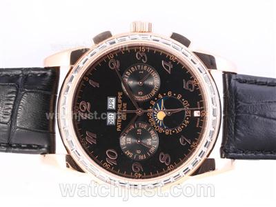 Patek Philippe Perpetual Calendar Chrono Automatic Rose Gold Case CZ Diamond Bezel with Black Dial