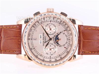 Patek Philippe Perpetual Calendar Chrono Automatic Rose Gold Case CZ Diamond Bezel with Champagne Dial