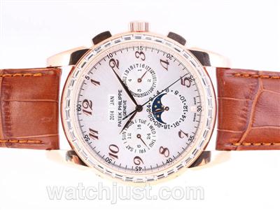 Patek Philippe Perpetual Calendar Chrono Automatic Rose Gold Case CZ Diamond Bezel with White Dial