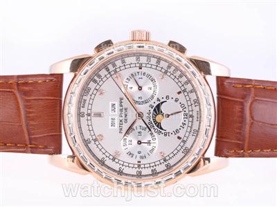 Patek Philippe Perpetual Calendar Chrono Automatic Rose Gold Case CZ Diamond Bezel