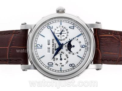 Patek Philippe Perpetual Calendar Moonphase Automatic with White Dial-Leather Strap