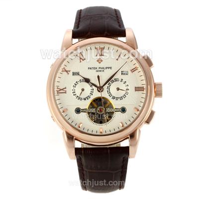 Patek Philippe Perpetual Calendar Tourbillon Automatic Rose Gold Case with White Dial-Leather Strap