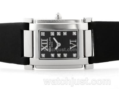 Patek Philippe Twenty-4 Hours Swiss ETA Movement Black Dial with Diamond Marking-Black Strap-Lady Size