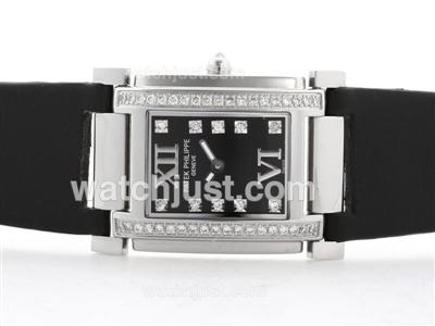 Patek Philippe Twenty-4 Hours Swiss ETA Movement Black Dial with Diamond Marking&Bezel-Black Strap-Lady Size