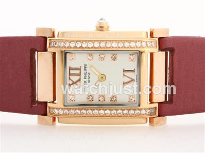 Patek Philippe Twenty-4 Hours Swiss ETA Movement Rose Rold Case White Dial with Diamond Marking& Bezel-Lady Size