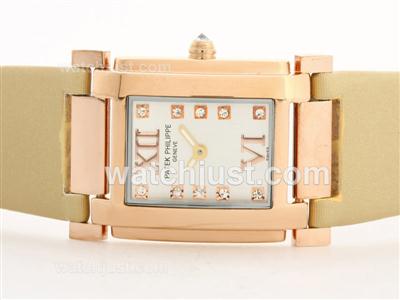 Patek Philippe Twenty-4 Hours Swiss ETA Movement Rose Rold Case White Dial with Diamond Marking-Yellow Strap-Lady Size