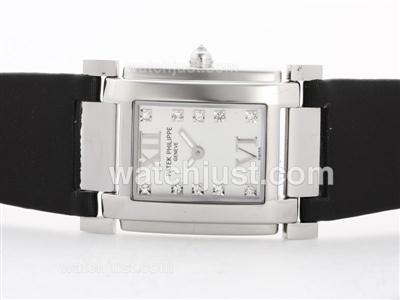 Patek Philippe Twenty-4 Hours Swiss ETA Movement White Dial with Diamond Marking-Black Strap-Lady Size