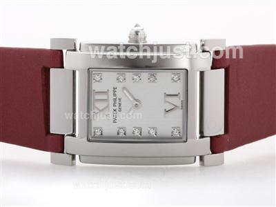 Patek Philippe Twenty-4 Hours Swiss ETA Movement White Dial with Diamond Marking-Red Strap-Lady Size