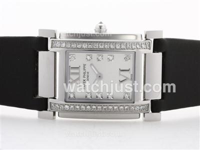 Patek Philippe Twenty-4 Hours Swiss ETA Movement White Dial with Diamond Marking&Bezel-Black Strap-Lady Size