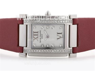 Patek Philippe Twenty-4 Hours Swiss ETA Movement White Dial with Diamond Marking&Bezel-Red Strap-Lady Size