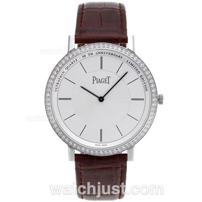 Piaget Altiplano Swiss ETA Movement Diamond Bezel Stick Markers with White Dial-Leather Strap