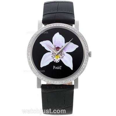 Piaget Altiplano Swiss ETA Movement Diamond Bezel with Flower Dial-Leather Strap