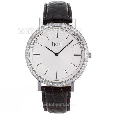 Piaget Altiplano Unitas 6497 Movement Diamond Bezel with White Dial-Leather Strap