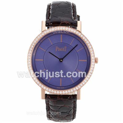 Piaget Altiplano Unitas 6497 Movement Rose Gold Case Diamond Bezel with Blue Dial-Leather Strap