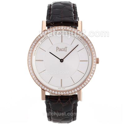 Piaget Altiplano Unitas 6497 Movement Rose Gold Case Diamond Bezel with White Dial-Leather Strap