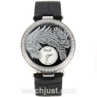 Piaget Dragon & Phoenix Collection Diamond Bezel with Black Dial-Black Leather Strap