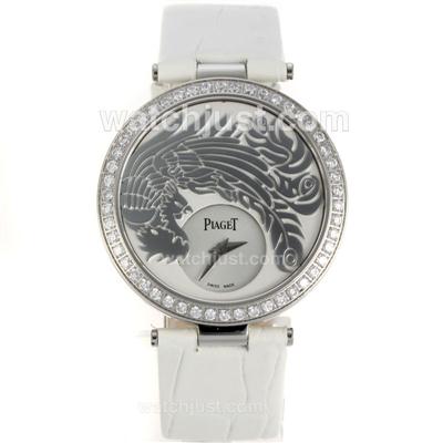 Piaget Dragon & Phoenix Collection Diamond Bezel with White Dial-White Leather Strap