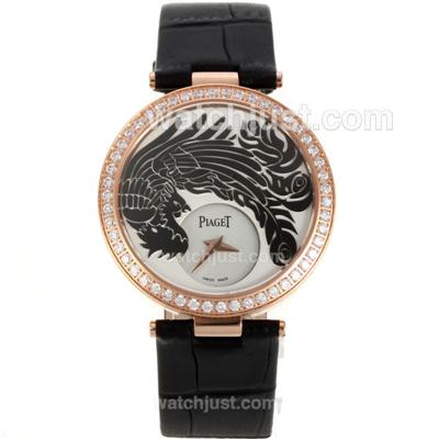 Piaget Dragon & Phoenix Collection Rose Gold Case Diamond Bezel with White Dial-Black Leather Strap