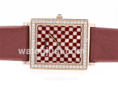 Piaget Limelight Rose Gold Case Diamond Markers and Bezel with Red Checkered Dial and Strap-Lady Size