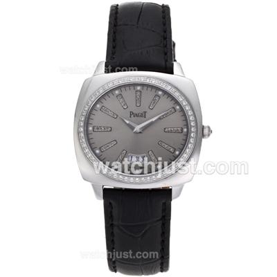 Piaget Polo Diamond Markers and Bezel with Gray Dial-Leather Strap