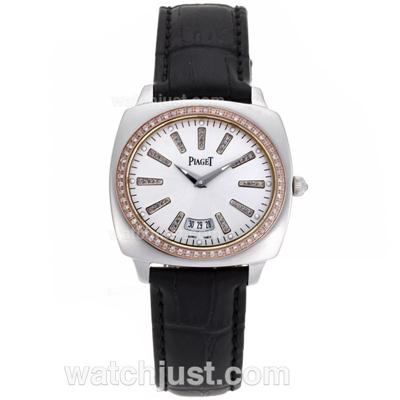 Piaget Polo Diamond Markers and Bezel with White Dial-Leather Strap