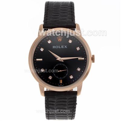 Rolex Cellini Automatic Rose Gold Case Diamond Markers with Black Dial-Leather Strap