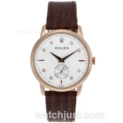 Rolex Cellini Automatic Rose Gold Case Diamond Markers with White Dial-Leather Strap