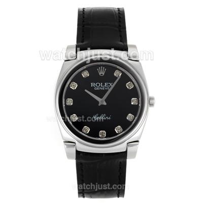 Rolex Cellini Diamond Markers with Black Dial-Black Leather Strap